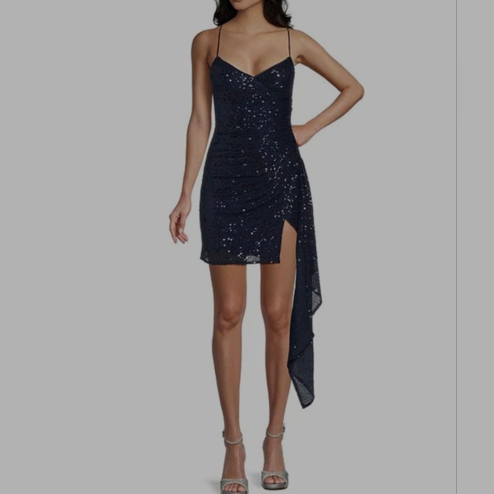 Prom Dress GBSocial Ruched Sequin Asymmetrical Hem Tie Back Mini Dress, New